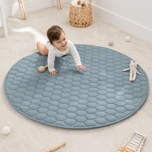 Comfy Cubs Round Kids Play Mat - Medium 48" Soft Quilted Baby Floor Mat with Non-Slip Bottom - Pacific Blue