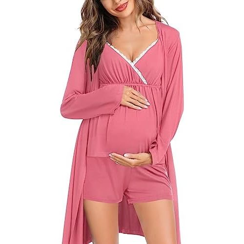 SWOMOG Womens Maternity Robe Set 3 Piece Nursing Pajamas for Breastfeeding 3 in 1 Labor Delivery Hospital Pregnancy Pjs Grey