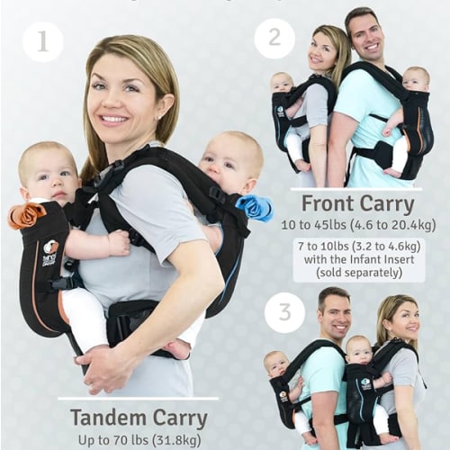 TwinGo Carrier - Breathable Twin Baby Carrier that Separates into 2 Baby Carriers, Adjustable Twin Carriers for Babies and Toddlers (10-45 lbs), Fits Adults XS-XXL - Air Model, Classic Black