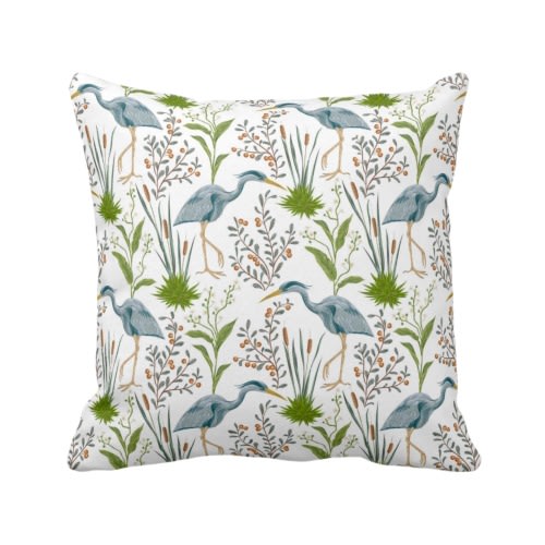 Blue Heron Throw Pillow/Cover Square and Lumbar Pillows/Covers, Teal Blue/Green Bird/Birds Naturalist Toile/Nature Print