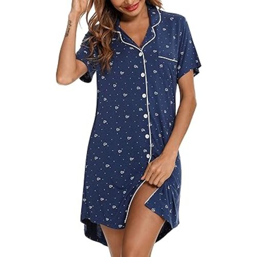 Anjue Pajama Nightgowns for Women Button Down Pajamas Tops Short/Long Sleeve Sleepwear Sleep Shirts Nightdress S-XXL