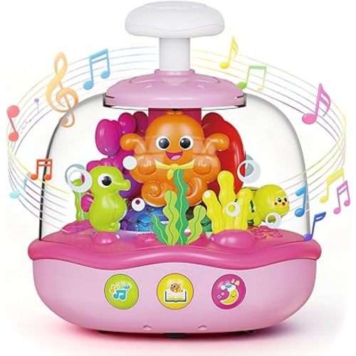 MoraBaby Baby Girl Toys 6-12-18 Months, Press & Spin Ocean Musical Light Up Toy | Bilingual Learning Educational Cause and Effect Toy for 1 Year Old Boy & Girl, Birthday Gifts for 1-3 Year Old