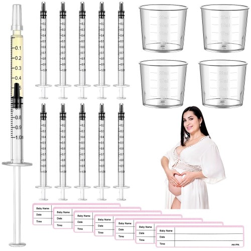 50 Pcs Colostrum Collector Kit 1ml Breast Milk Collector Milk Catcher with 4 Measuring Cup and 54 Stickers Colostrum Collection Gift Set Colostrum Harvesting Kit for Breastfeeding