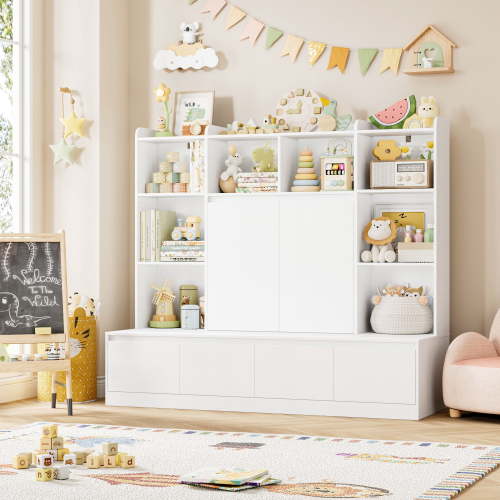 Homfa 10 Cubes Kids Toy Storage Organizer, 4 Drawers Kids Bookcase and Bookshelf with Doors & Adjustable Shelves for Playroom Kids Room, White