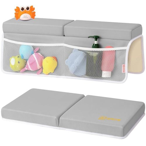 Bath Kneeler and Elbow Rest Pad Set - Comfortable 1.5” Thick Baby Bath Kneeler Pads with Toys Organizer, Non-Slip Knee Arm Support Bathtub Mat, Quick-Drying Kneeling Pad for Baby Bath Time