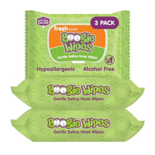 Boogie Gentle Saline Nose Wipes Fresh Scent - 90 Count | Hypoallergenic & Alcohol-Free, Allergy Relief, Made with Natural Saline, Aloe, Chamomile & Vitamin E, Diaper Bag Essential