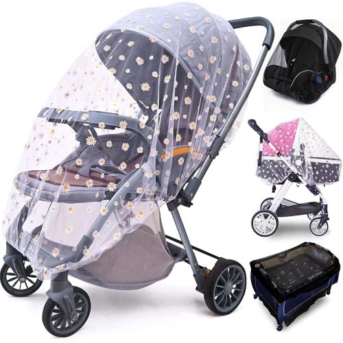 Baby Stroller Mosquito Net (2 Pack) - Durable Mesh Protection for Bassinets, Cradles, Playards, Pack N Plays & Portable Mini Cribs | Breathable Universal Fit Insect Barrier (Black + Daisy)