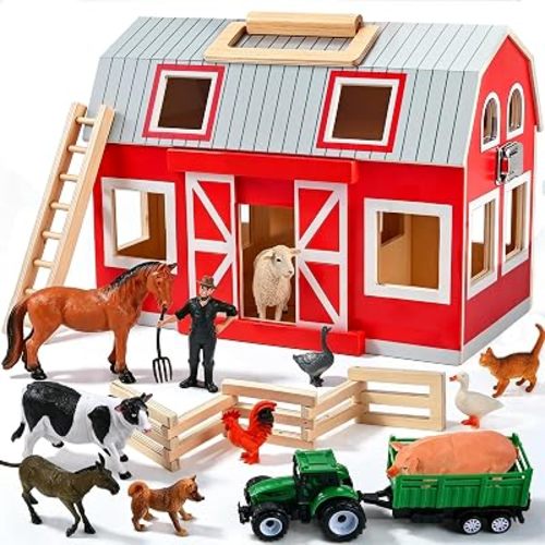 Wooden Barn Toys, Play Barn with 12 Animal Play Figures for 3+ Years Old, Toy Barn and Farm Animals，Wooden Barn Playset for Christmas Birthday Gift for Boys Girls