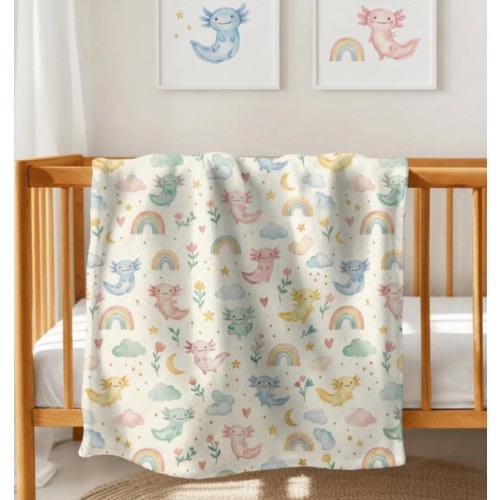 Axolotl Baby Blanket, Rainbow Nursery Throw, Pastel Crib Blanket, Cute Baby Bedding, Toddler Nap Blanket, Whimsical Nursery Decor