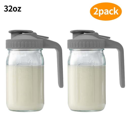 WLGJL 32oz Glass Pitcher with Lid & V-shaped Pour Spout - 1 Quart Breastmilk Pitcher Double Leak Proof, Creamer Container for Sun Tea, Juice, Cold Brew Coffee, Breastmilk Storage Container（2pack）