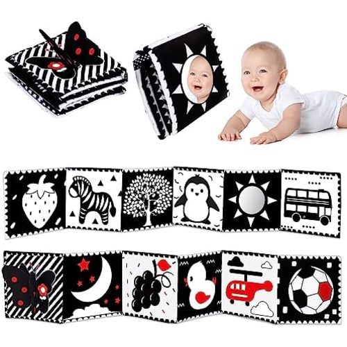 Baby Toys 0-3 Months: Black and White High Contrast Baby Toys 0-6 Months, Baby Soft Cloth Book Tummy-Time Toys with Mirror for Babies Infants 6-12 Months, Brain Development Newborn Toys Gift