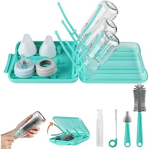 6 in 1 Bottle Brush Set,Bottle Cleaner Brush Kit with Bottle Brush,Drying Rack,Nipple Brush,Straw Brush,Soap Dispenser&Storage Box,Portable Baby Essentials for Home&Travel