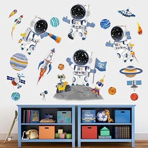 decalmile Outer Space Astronaut Wall Decals Rocket Universe Space Planets Wall Stickers Baby Nursery Boys Bedroom Playroom Wall Decor