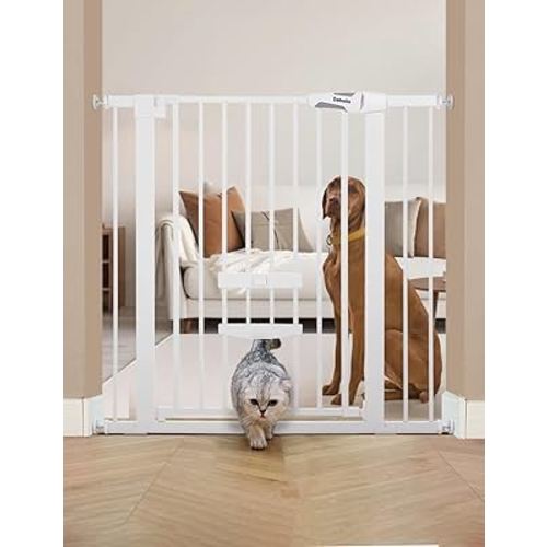 BABELIO 36 Inch Extra Tall Baby Gate with Cat Door, 29-40" Metal Dog Gate, Cat Gate for Stairs, Doorways, Auto Close Safety Gate with Pet Door, Easy Walk Thru, White