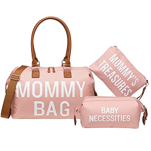 Printe Diaper Bag Tote for Girls with 2 Organizer Pouches, Large Capacity Mommy Bag for Hospital and Weekender Travel, Pink