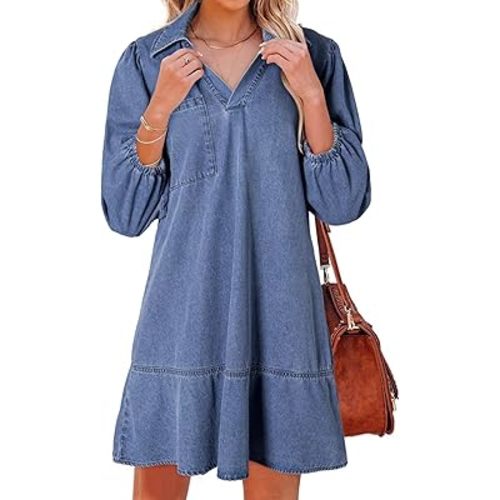 Dokotoo Denim Dress for Women Summer Casual Babydoll 2026 V Neck 3/4 Puff Sleeve Jean Dresses