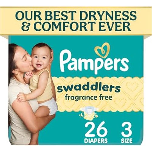 Pampers Swaddlers Diapers, Size 3 (13-26 lbs), 26 Count, Fragrance Free, Hypoallergenic, Absorbent, Pediatrician Recommended, Skin Safe