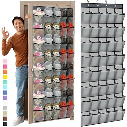 Windyun 40 Over the Door Shoe Organizer Large Mesh Pocket Hanging Shoe Rack for Closet Gray Nonslip Behind Door Storage Holder Back to School Organizer for Dorm Room College Classroom Storage