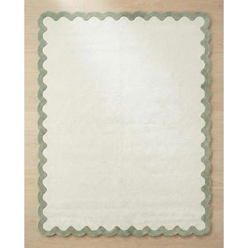 Hand-Tufted Wool Area Rug with Scalloped Edge, Plush Ivory Solid Carpet with Contrast Border, Soft Thick Cotton Backing Rug for Living Room Bedroom Home Decor (Sage Green, 6' x 9')