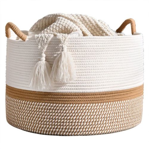 Itopfox Large Woven Storage Basket for Blankets, Laundry, Nursery, and Toys, Soft Cotton Rope Hamper for Living Room, Baby Toy Chest in White/Brown