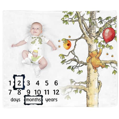 The Winnie Bear and Honey Baby Monthly Milestone Blanket, Gift Stuff for Newborn Baby Boy & Girl Photo Taken - Age Blanket with 2 Frame