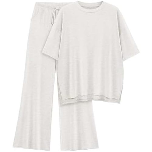 Womens Lounge Set 2026 Summer 2 Piece Outfits Oversized Short Sleeve Tops & Wide Leg Pant Matching Sets Clothing