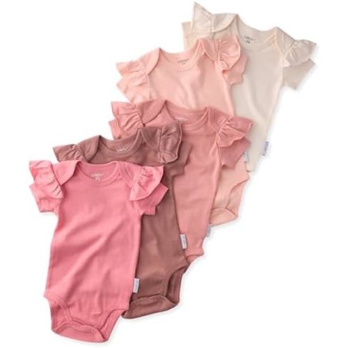 Butterblu Rory 5-Pack Short Sleeve Ruffle Shoulder Bodysuits 100% Organic Cotton for Baby Girls, Sunset, 6-9 Months