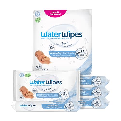 WaterWipes Sensitive+ Newborn & Baby Wipes, 3-In-1 Cleans, Cares, Protects, 99.9% Water, Unscented & Hypoallergenic, 300 Count (5 Packs)
