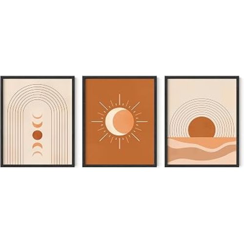 HAUS AND HUES Mid Century Wall Art – Set of 3 Retro Terracotta Prints, Moon Artwork, Artistic Home Decor, Modernist Geometric Design (8x10, Unframed)