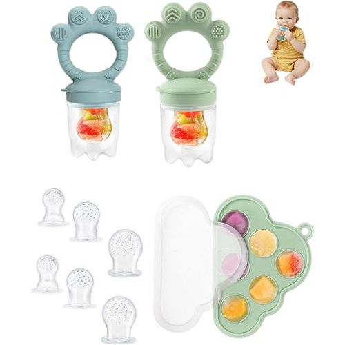Baby Popsicle Molds & Food Feeder Set, Baby Fruit Feeder for Infant Teething Relief & Safe Infant Self Feeding 4 Months+ Starting Solids for Essentials (Green+Blue)