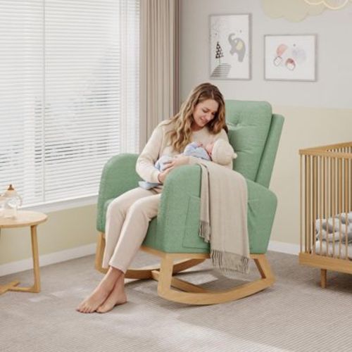 Modern Rocking Chair – High Backrest, Adjustable Footrest, Sturdy Wooden Legs, Comfy Glider for Living Room or Bedroom ,Green