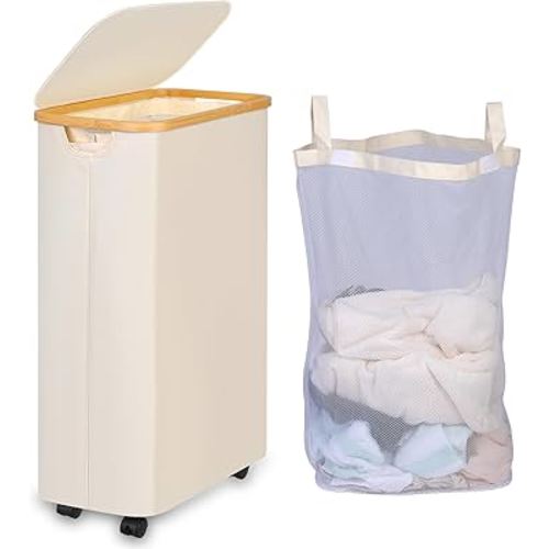 Laundry Basket with Wheels 75 L, Laundry Hamper Slim with Removable and Washable Inner Bag, Laundry Baskets Laundry Baskets with Lid for Clothes, Toys, Towels (Beige)