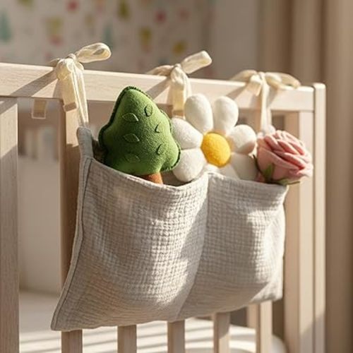 Cotton Baby Hanging Bedside Storage Bag Organizer with 2 Pockets, Baby Crib Accessories for Cribs, Toys, Diapers (Light Gray)