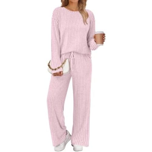 LILLUSORY Womens Lounge Sets 2 Piece Matching Pajamas Fall Fashion 2025 Ribbed Knit Outfits Long Sleeve Casual Sweatsuits