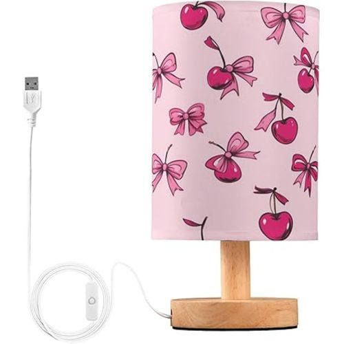 Dussdil Pink Bows Cherries Girly Table Lamp for Bedroom Bedside Reading Lamp Desk Lamps Cylinder Nightstand Sleeping Light Lamp for Living Room Office Decor