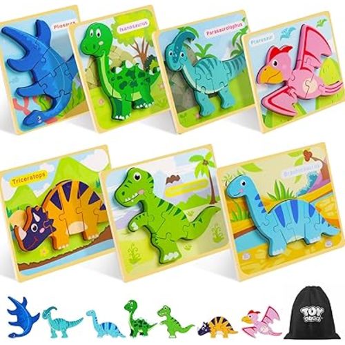TOY Life Toddler Puzzles Ages 2-4, Wooden Puzzles for Toddlers 1-3, 7 Pcs Dinosaur Puzzle 2 Year Old, Puzzles for Kids Ages 3-5, Toddler Boy Toys 2-3, Educational Learning Toys for 3 Year Old