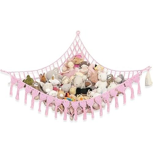 Extra Large Stuffed Animal Storage Hammock Corner with LED Lights – 25LB Capacity Hanging Toy Net for Small or Large Plushies, Boho Macrame Squishmallow, Plush Net, Pink