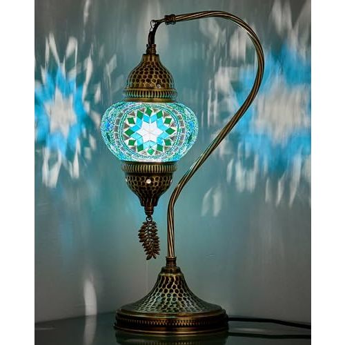 DEMMEX Turkish Moroccan Table Lamp, Swan Neck Tiffany Style Mosaic Glass Table Desk Bedside Lamp for Bedroom, Living Room – Handcrafted in Turkey, Teal