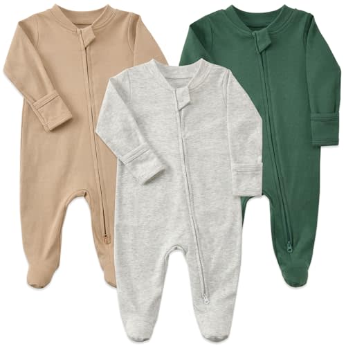 Aablexema Baby Footie Pajamas with Mittens - 3Pcs Infant Cotton Footed One Piece Sleepwear Outfits