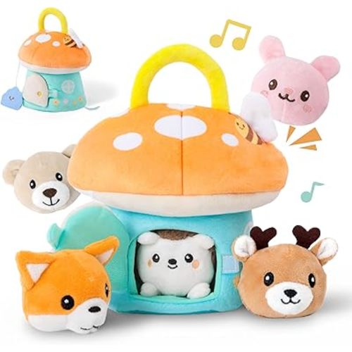 Baby Toys 6-12 Months - My First Mushroom House with 5 Stuffed Forest Animals, Busy Montessori Toys with Rattle, Crinkle, Squeaker, Mirror, Sensory Toys, Christmas Birthday Gift