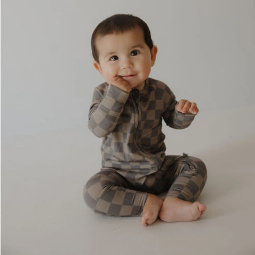 Bamboo Zip Pajamas | Faded Brown Checkerboard
