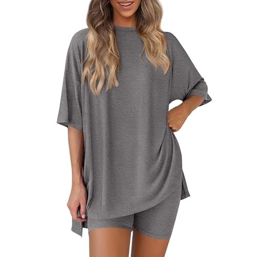 PRETTYGARDEN Women 2 Piece Lounge Set 2026 Summer Casual Oversized Shirts Biker Shorts Matching Airport Travel Outfit Clothes