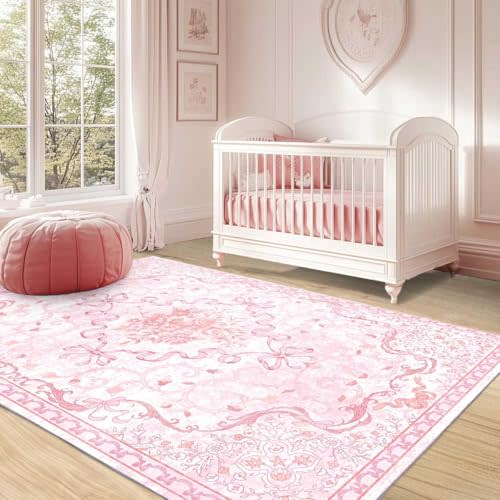 Pink Bow Rug for Bedroom Girls,8x10 Nursery Rugs for Living Room with Soft Low Pile, Cute Vintage Non Slip Washable Rug for Nursery Kids Playroom Dining Room College Dorm Girl