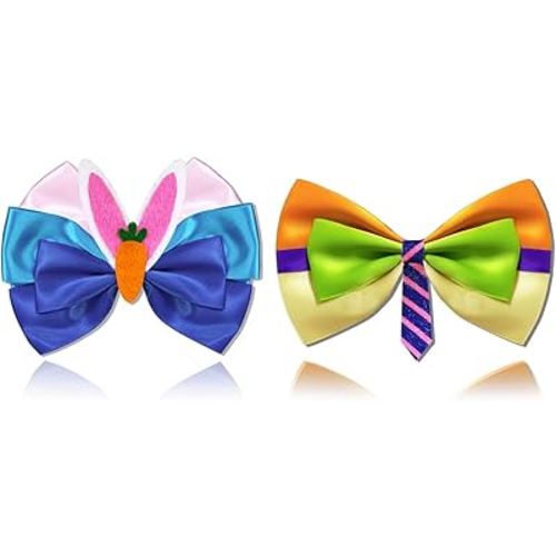 Bunny Cop And Fox Duo Hair Clips – Rabbit Ears With Gradient Satin Bow & Fox Bow-Tie Print, Animal Inspired Costume & Cosplay Accessory For Halloween & Theme Park Outfits Gifts