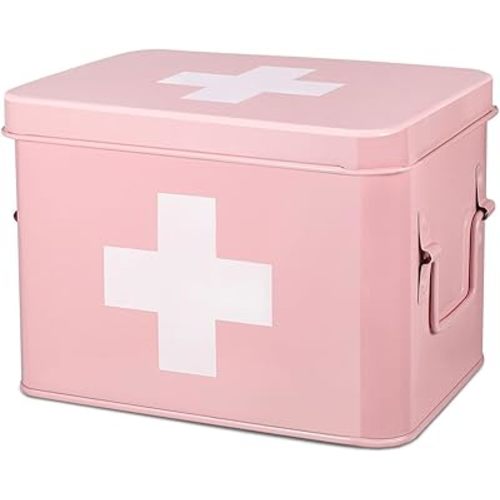 Flexzion Metal First Aid Box Empty, 8.5 Inch Pink Vintage First Aid Storage Box, First Aid Tin Container with Dividers, Removable Tray, Side Handles and Cross Logo