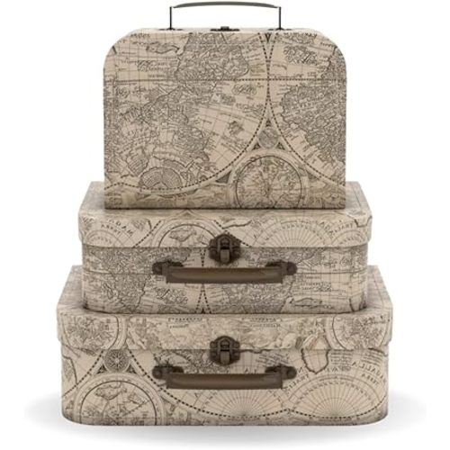 Soul & Lane Decorative Suitcase Storage Boxes with Handle, Set of 3 Cardboard Suitcase Boxes with Lids, Vintage Luggage Prop Travel Decor for Home, Travel Themed Party Decorations, Global Glam.