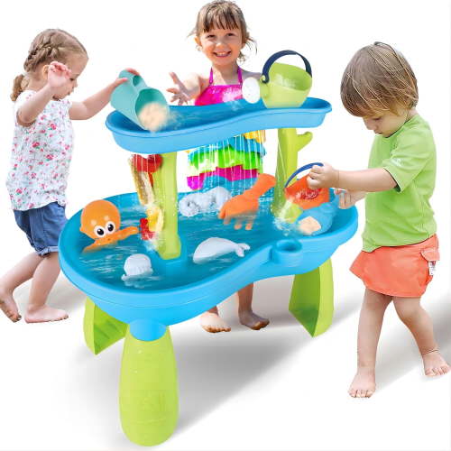 JBeeCtrl Water Table for Toddlers, 2-Tier Splash Pond Sensory Play Table, Sand and Water Toys for Kids Age 1-5