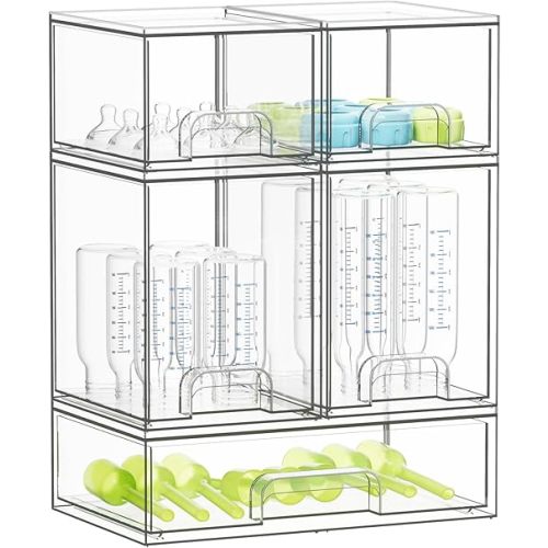SpaceAid Bottle Storage Organizer Baby - Acrylic Bottles Station Organizer Container, Stackable Clear Drawers for Countertop, Vanity, Bathroom, Cabinet, Pantry Organization, 5 Pack, 2S2M1L, 15.4" H