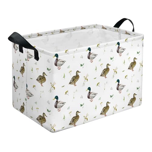 Mallard Duck Storage Basket, Collapsible Waterproof Canvas Organizer Bin, Funny Rectangular Kids Toys Storage Box Cute Mallard Duck Decor, Shelf Baskets for Closet Bedroom Office Dorm (Brown)
