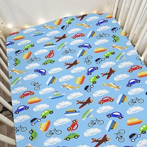 Planes Automobiles Transport Baby Crib Sheets for Boy Girl 28"x52" Airplanes Boats Bike Car Clouds Blue Soft Stretchy Fitted Crib Mattress Cover Travel Baby Sheet for Standard Crib & Toddler Mattress